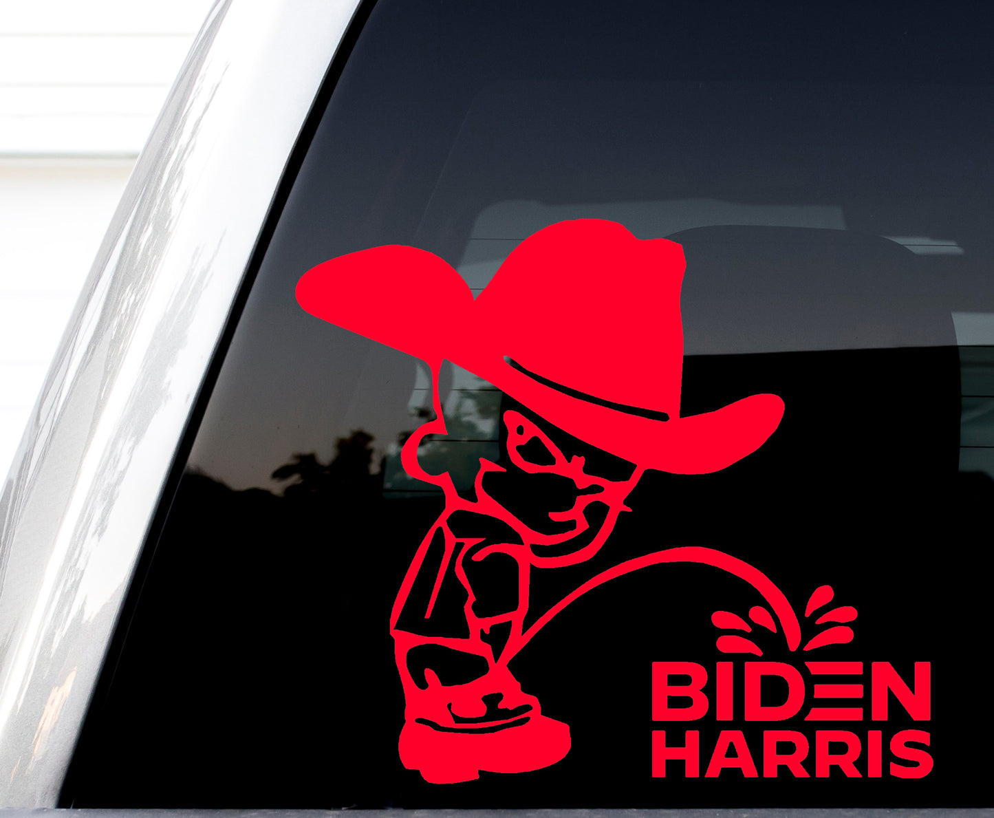 Calvin Cowboy Peeing On Biden Harris Vinyl Decal, H 5.5 By L 6 Inches