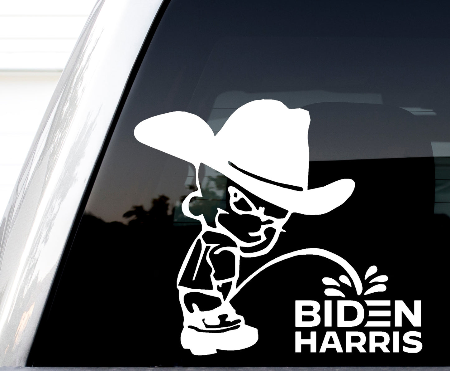 Calvin Cowboy Peeing On Biden Harris Vinyl Decal, H 5.5 By L 6 Inches