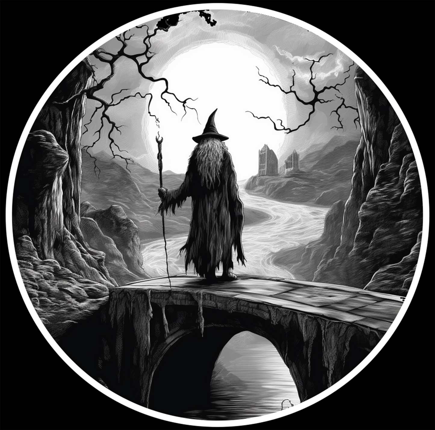 Grey Wizard Standing On An Old Bridge Sticker, 1980's Dark Fantasy Style Stickers, You Shall Not Pass, H 3 By L 3 Inches (Set Of 2)