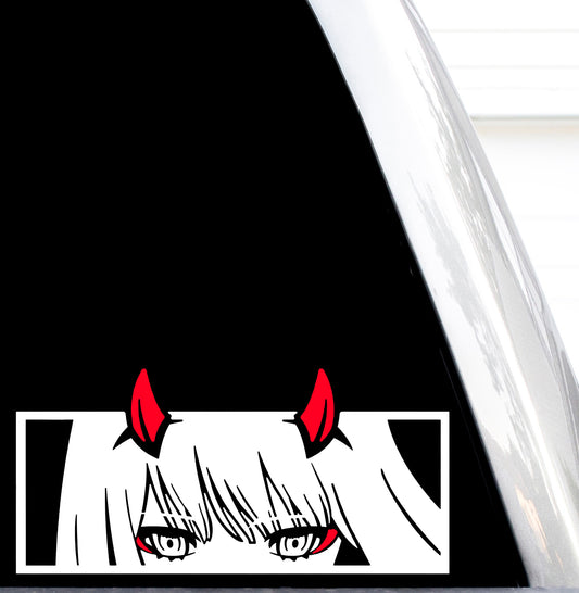 Zero Two Peeker Decal, H 3.5 By L 7.5 Inches, Waifu Peeking, 002, Vinyl Anime Stickers, (White and Red)